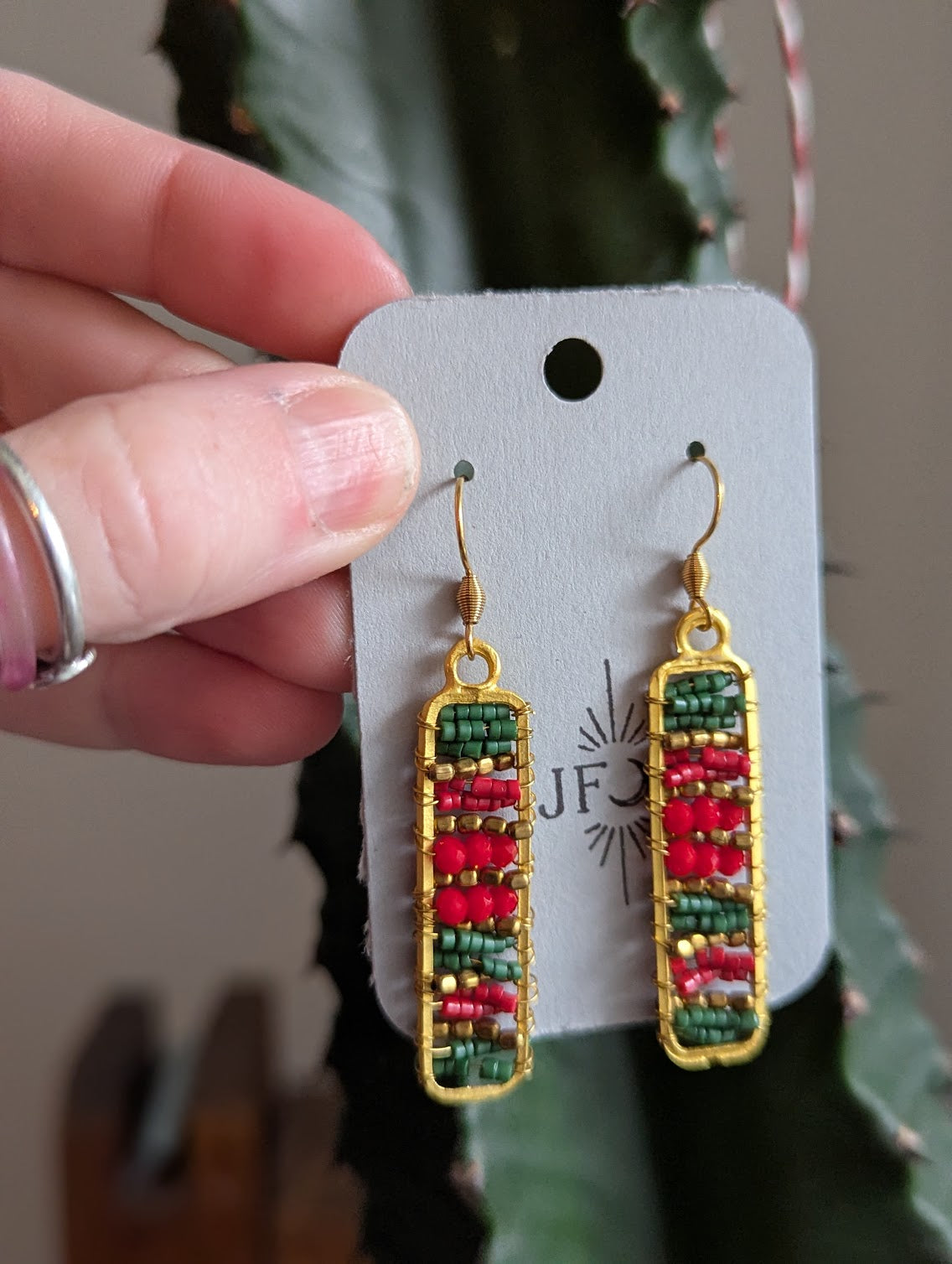 Red, Green and Gold Beaded Rectangle Gold Earrings