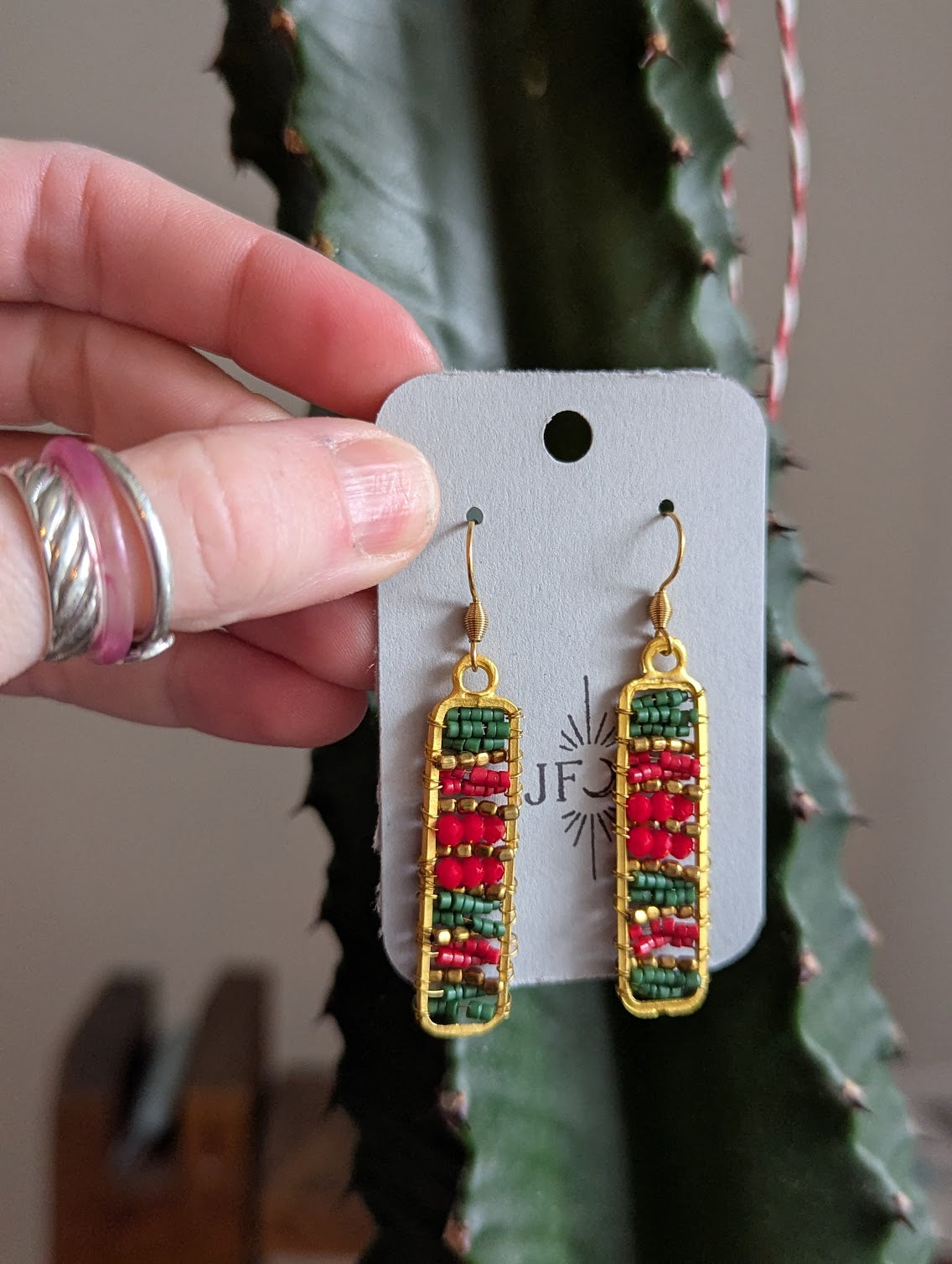 Red, Green and Gold Beaded Rectangle Gold Earrings
