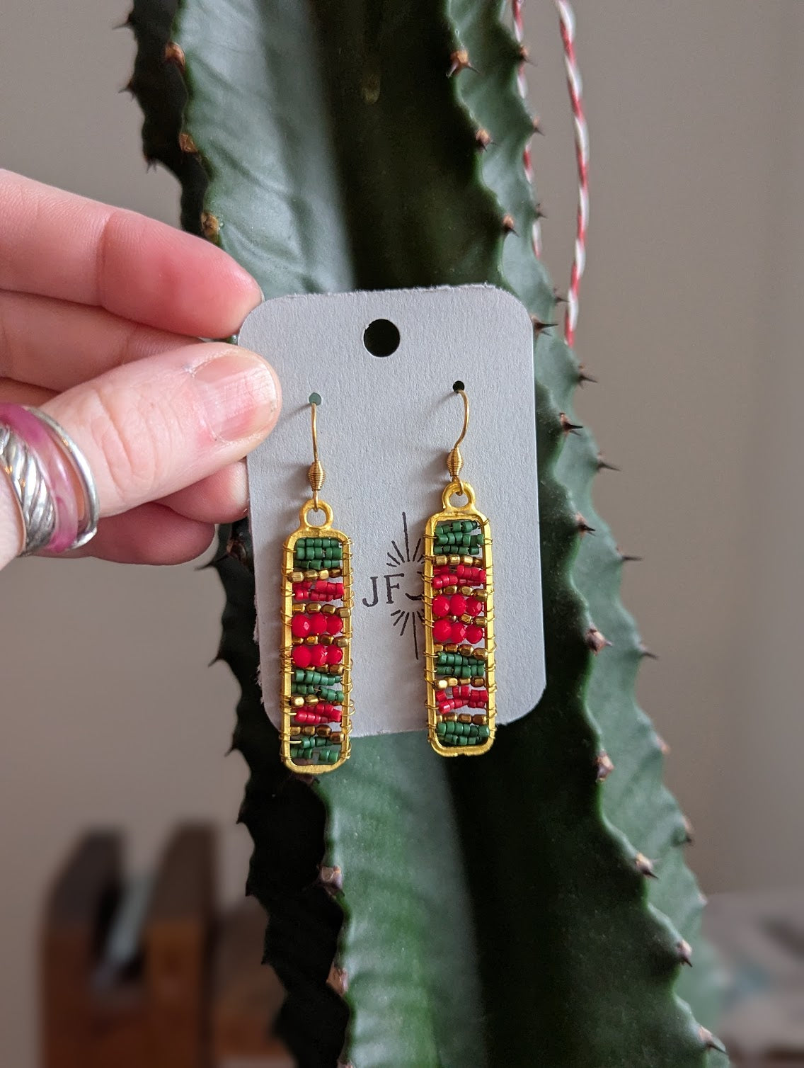 Red, Green and Gold Beaded Rectangle Gold Earrings