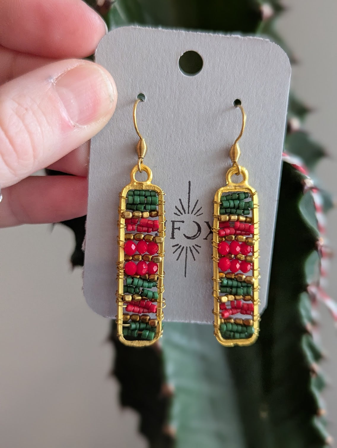 Red, Green and Gold Beaded Rectangle Gold Earrings