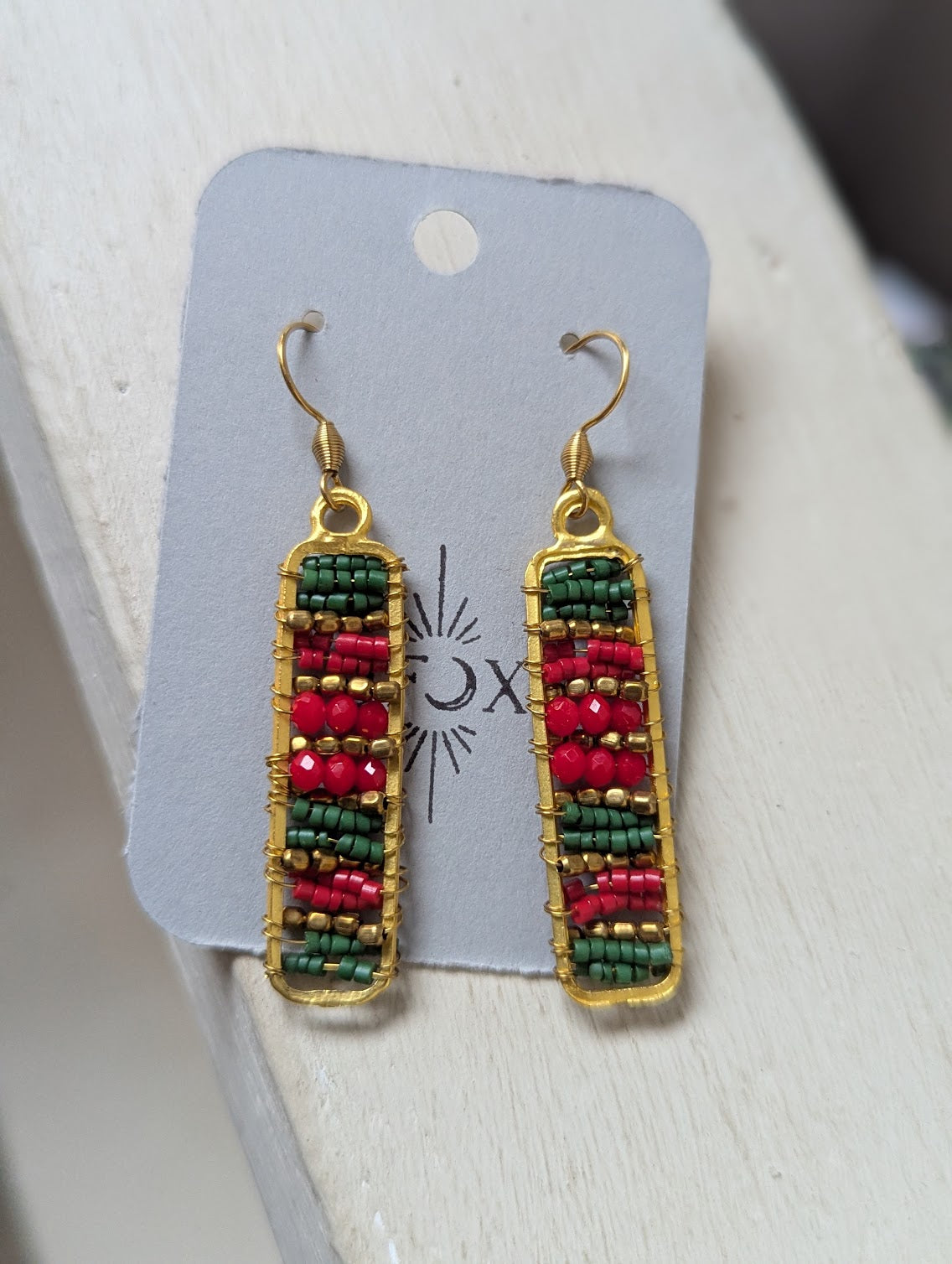 Red, Green and Gold Beaded Rectangle Gold Earrings