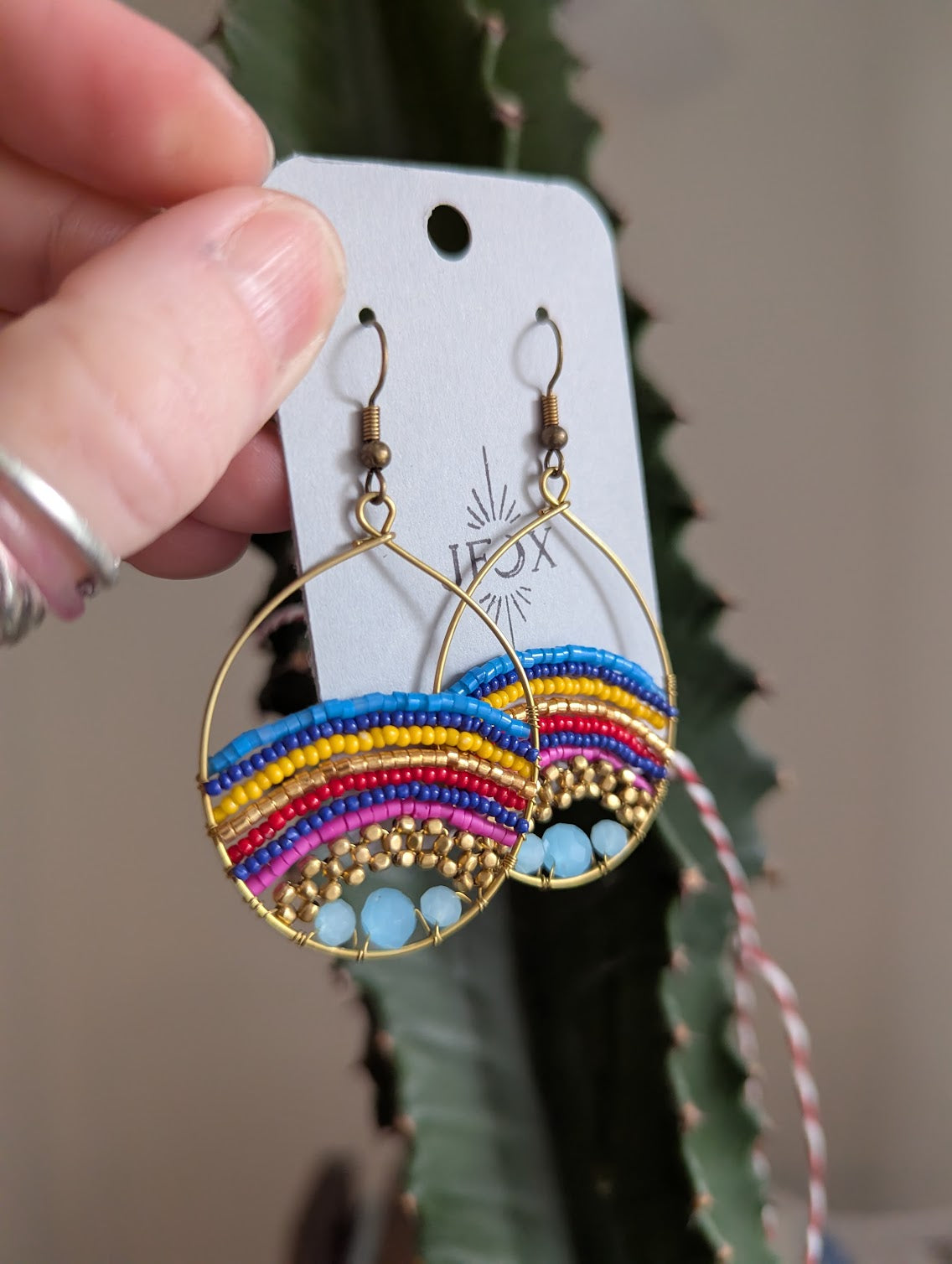 Large Multi-Color Rainbow Brass Wire Earrings