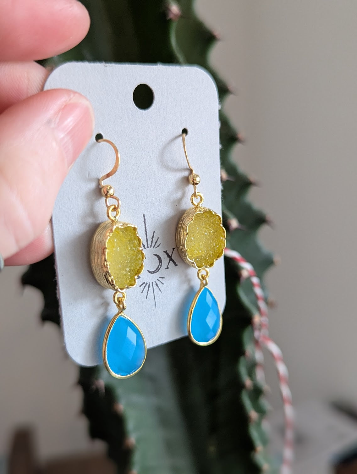 Yellow Druzy and Blue Chalcedony Gold Earrings