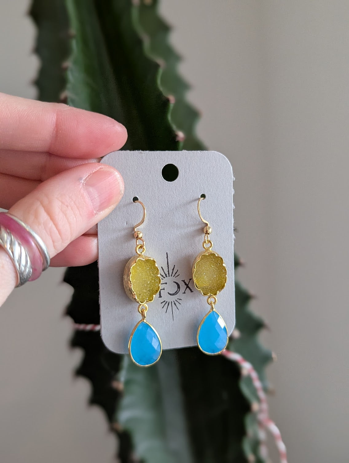 Yellow Druzy and Blue Chalcedony Gold Earrings