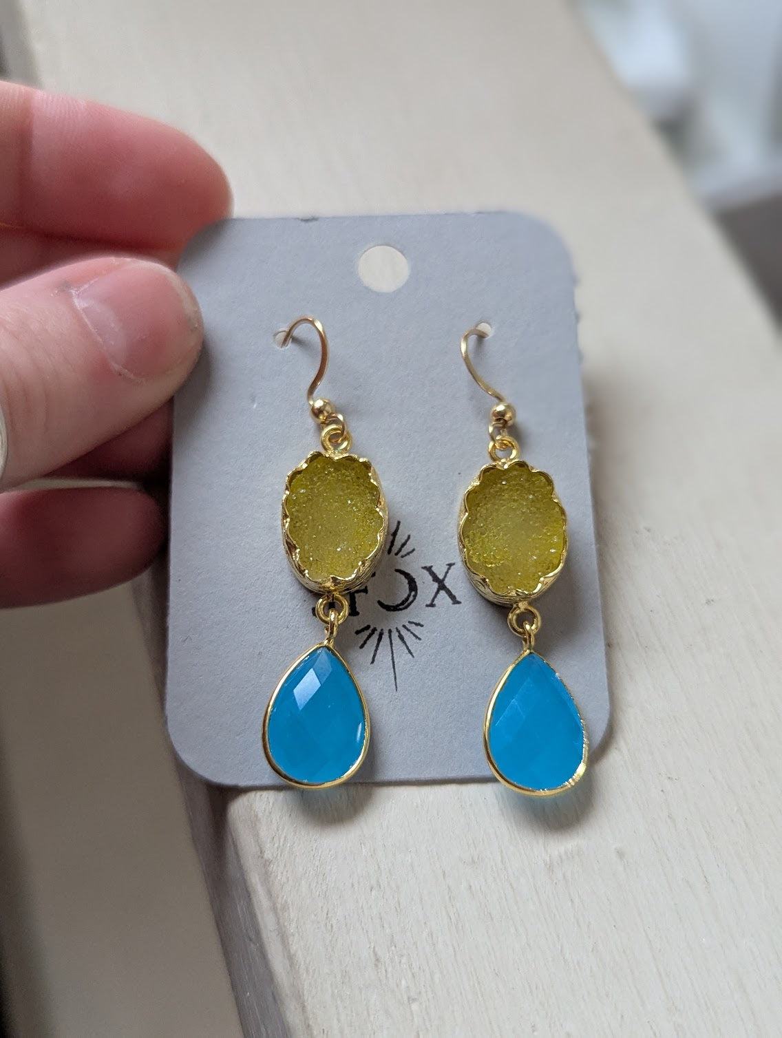 Yellow Druzy and Blue Chalcedony Gold Earrings