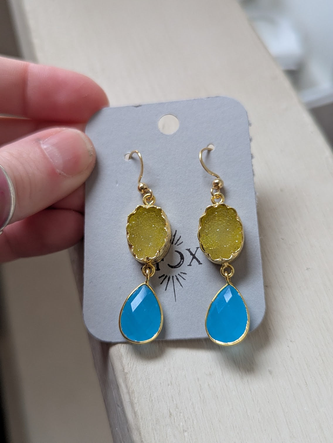 Yellow Druzy and Blue Chalcedony Gold Earrings