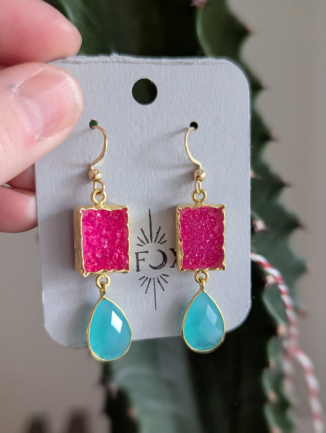 Hot Pink Druzy and Aqua Chalcedony Gold Earrings