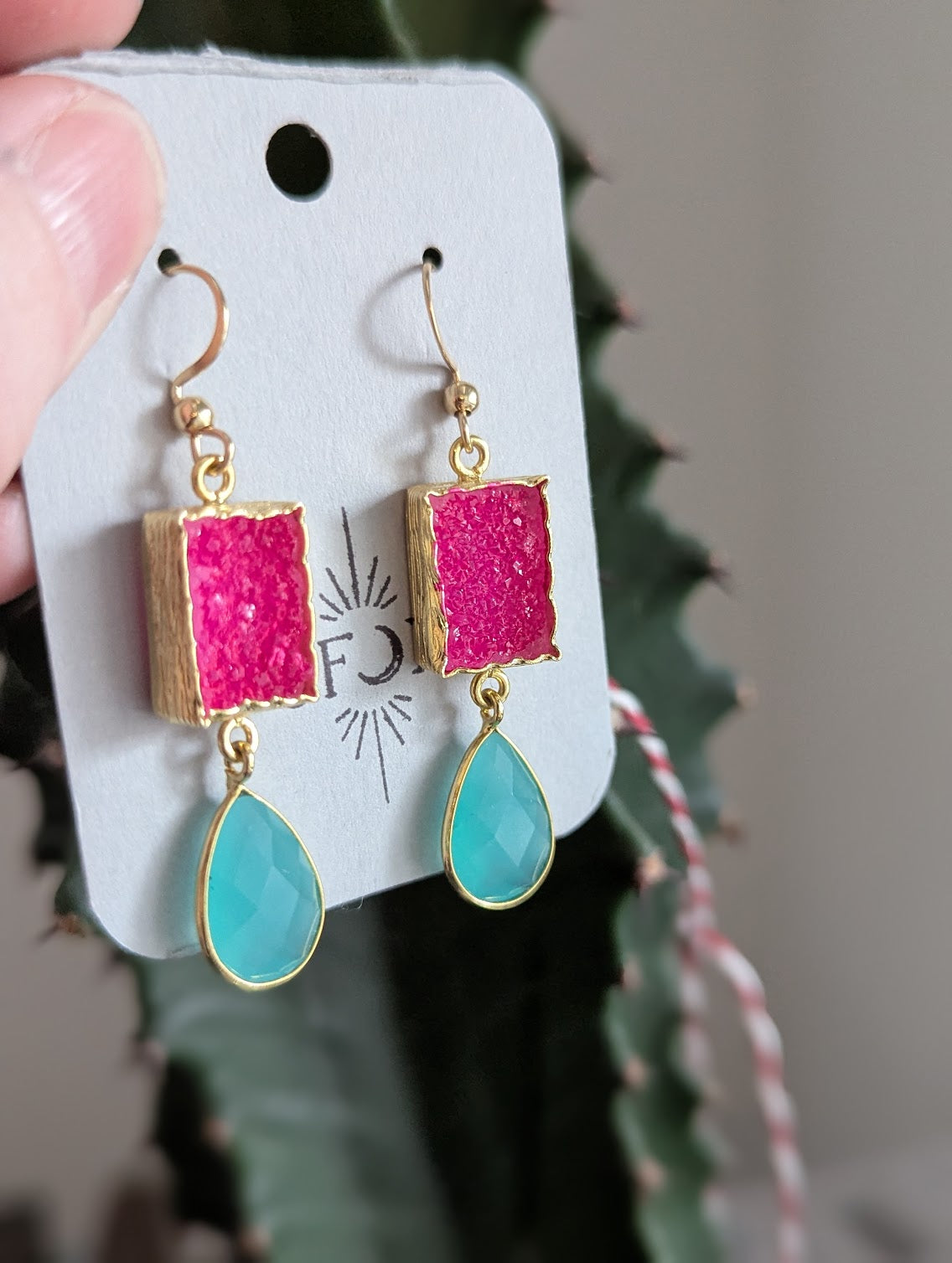 Hot Pink Druzy and Aqua Chalcedony Gold Earrings