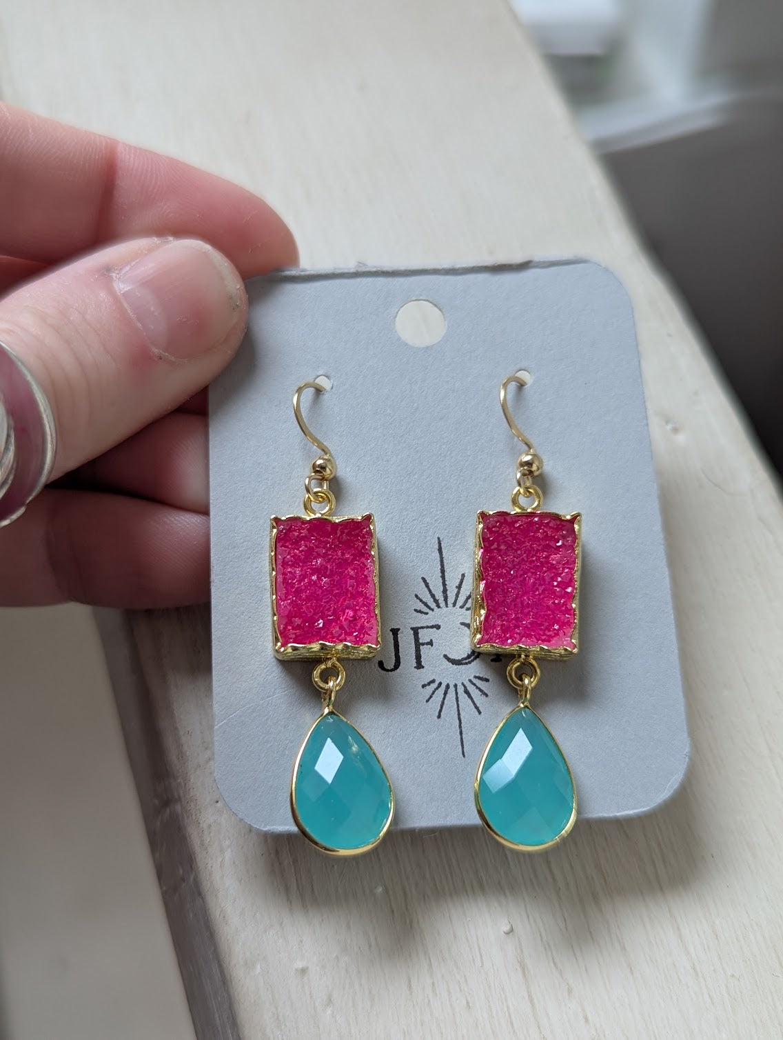 Hot Pink Druzy and Aqua Chalcedony Gold Earrings
