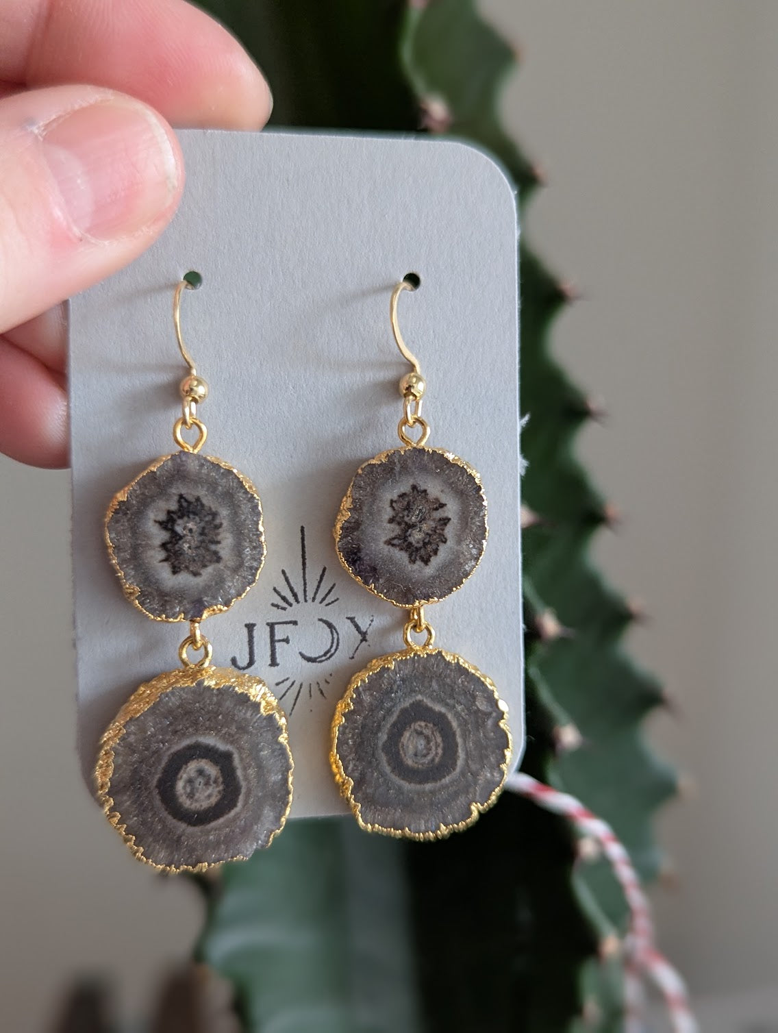 Natural Dark Brown Agate Duo Gold Earrings