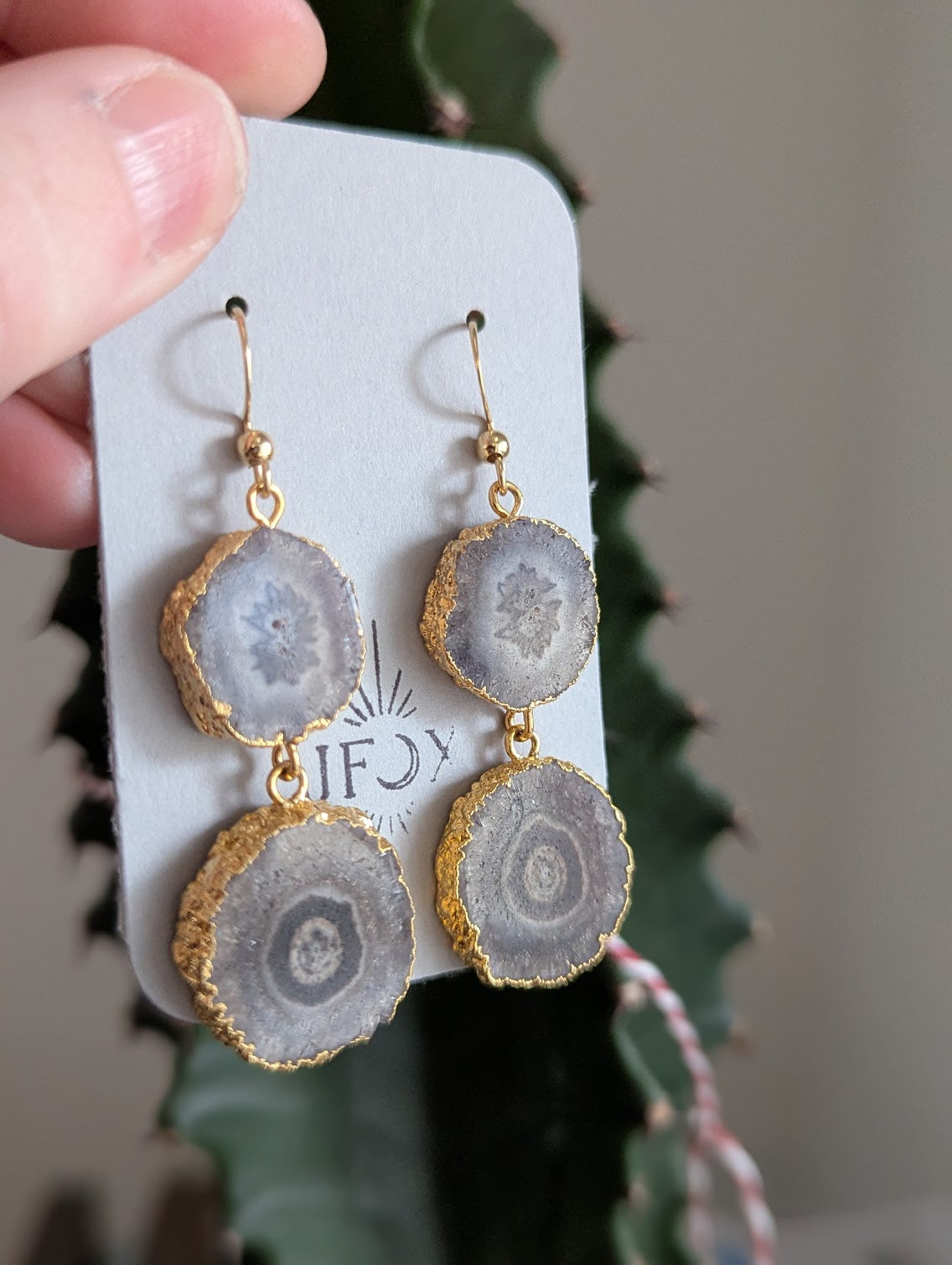 Natural Dark Brown Agate Duo Gold Earrings