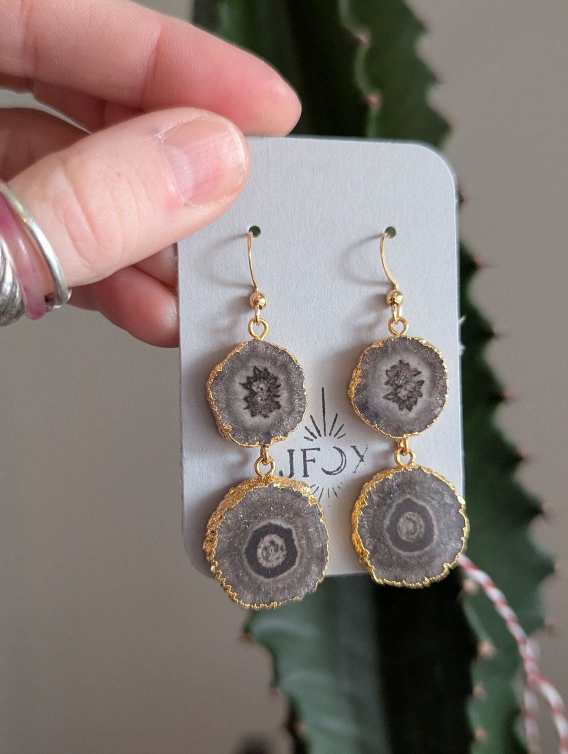 Natural Dark Brown Agate Duo Gold Earrings