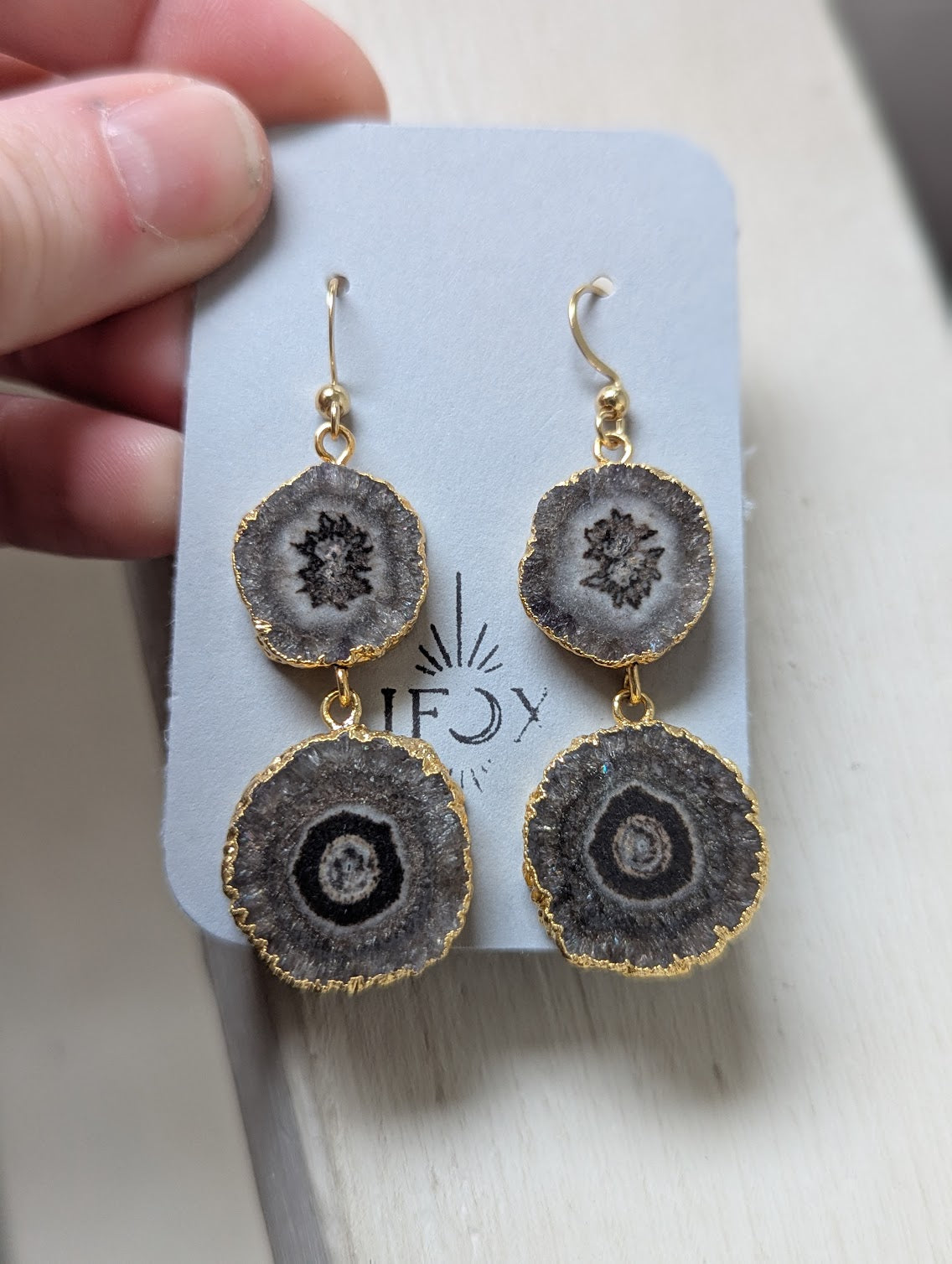 Natural Dark Brown Agate Duo Gold Earrings
