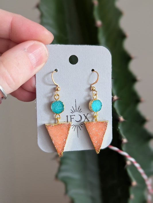 Turquoise and Orange Druzy Duo Gold Earrings