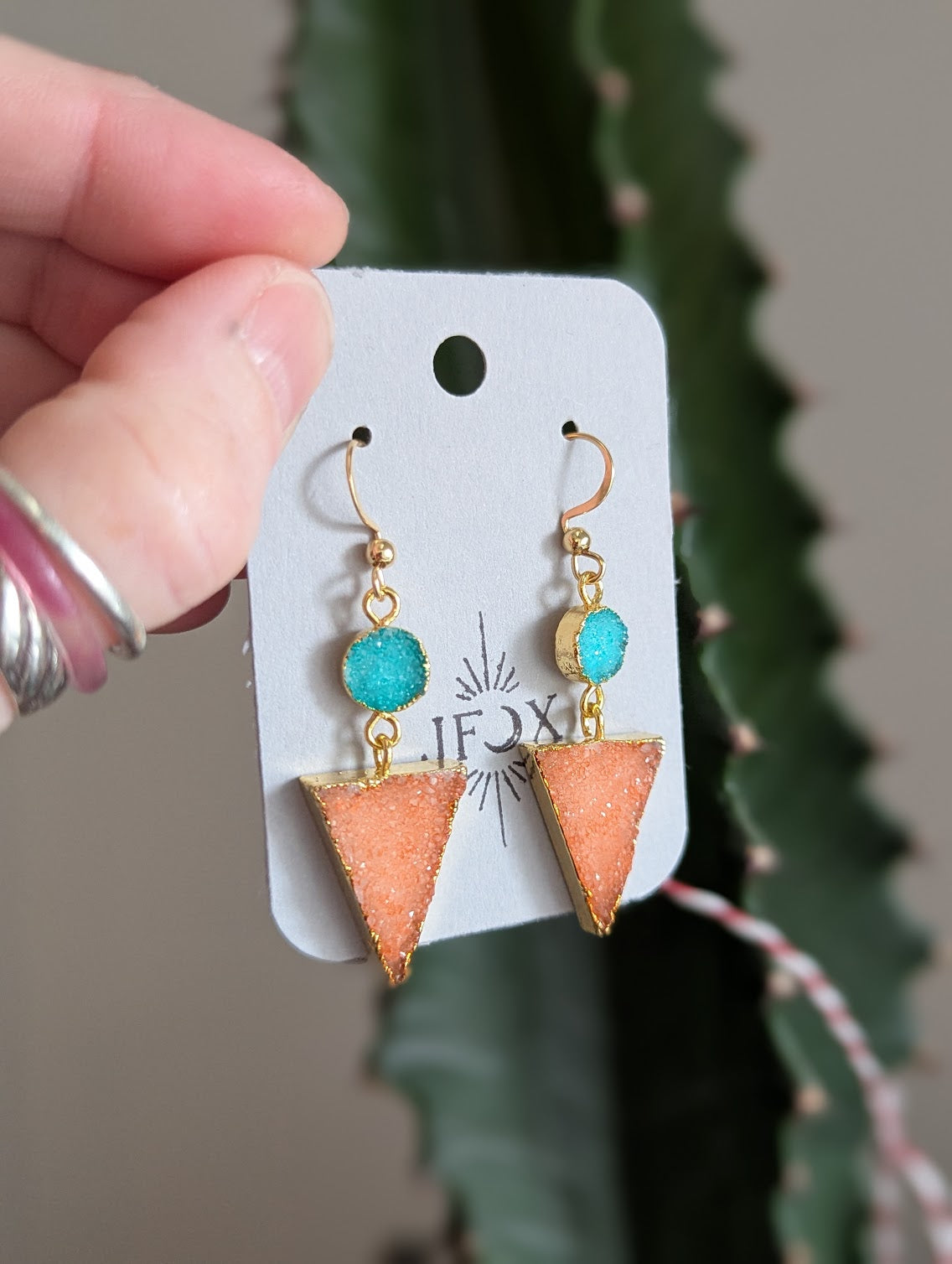 Turquoise and Orange Druzy Duo Gold Earrings