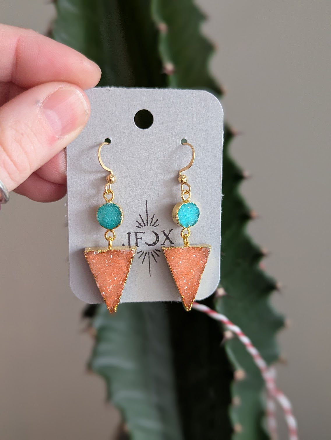 Turquoise and Orange Druzy Duo Gold Earrings