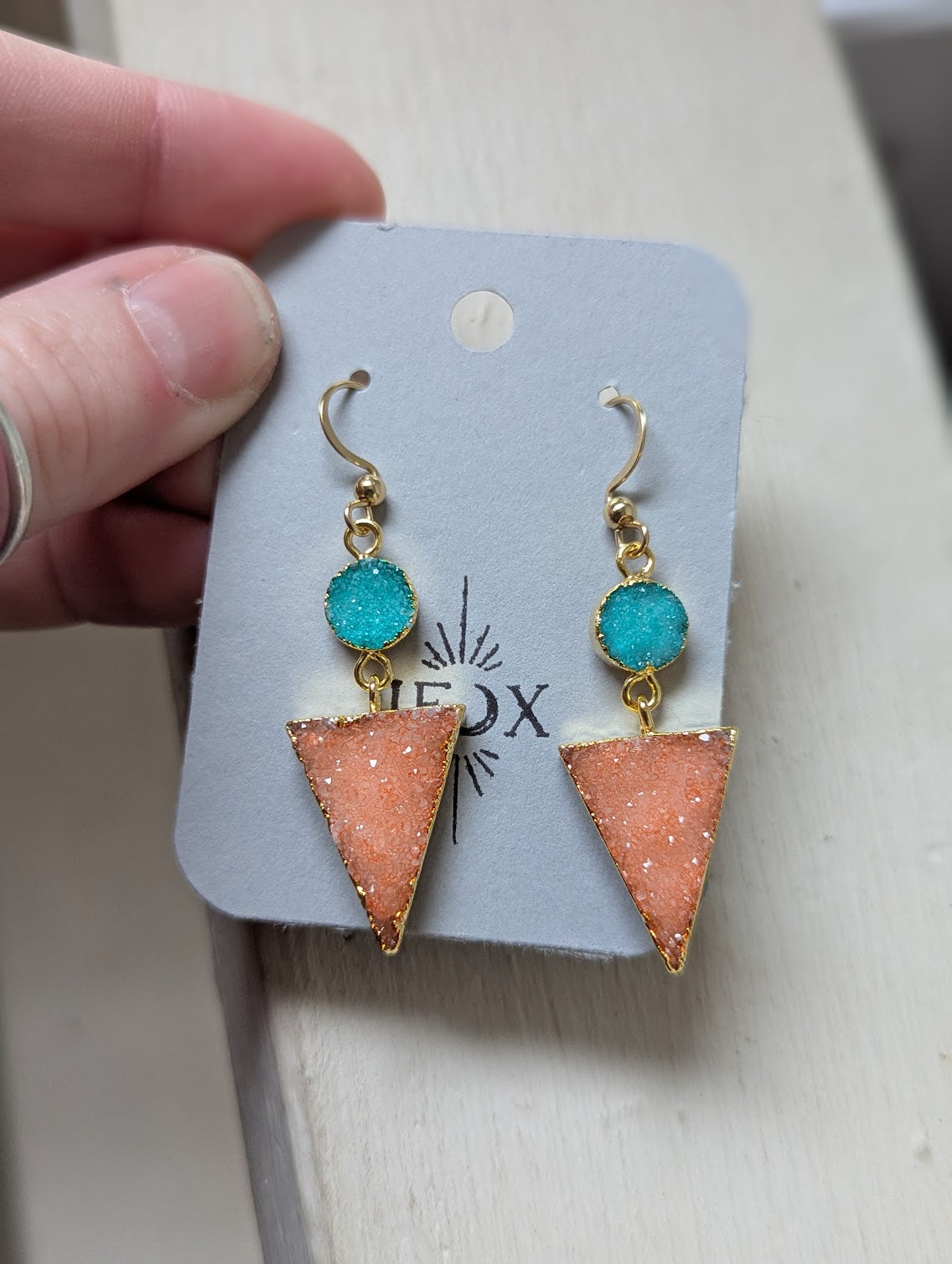 Turquoise and Orange Druzy Duo Gold Earrings