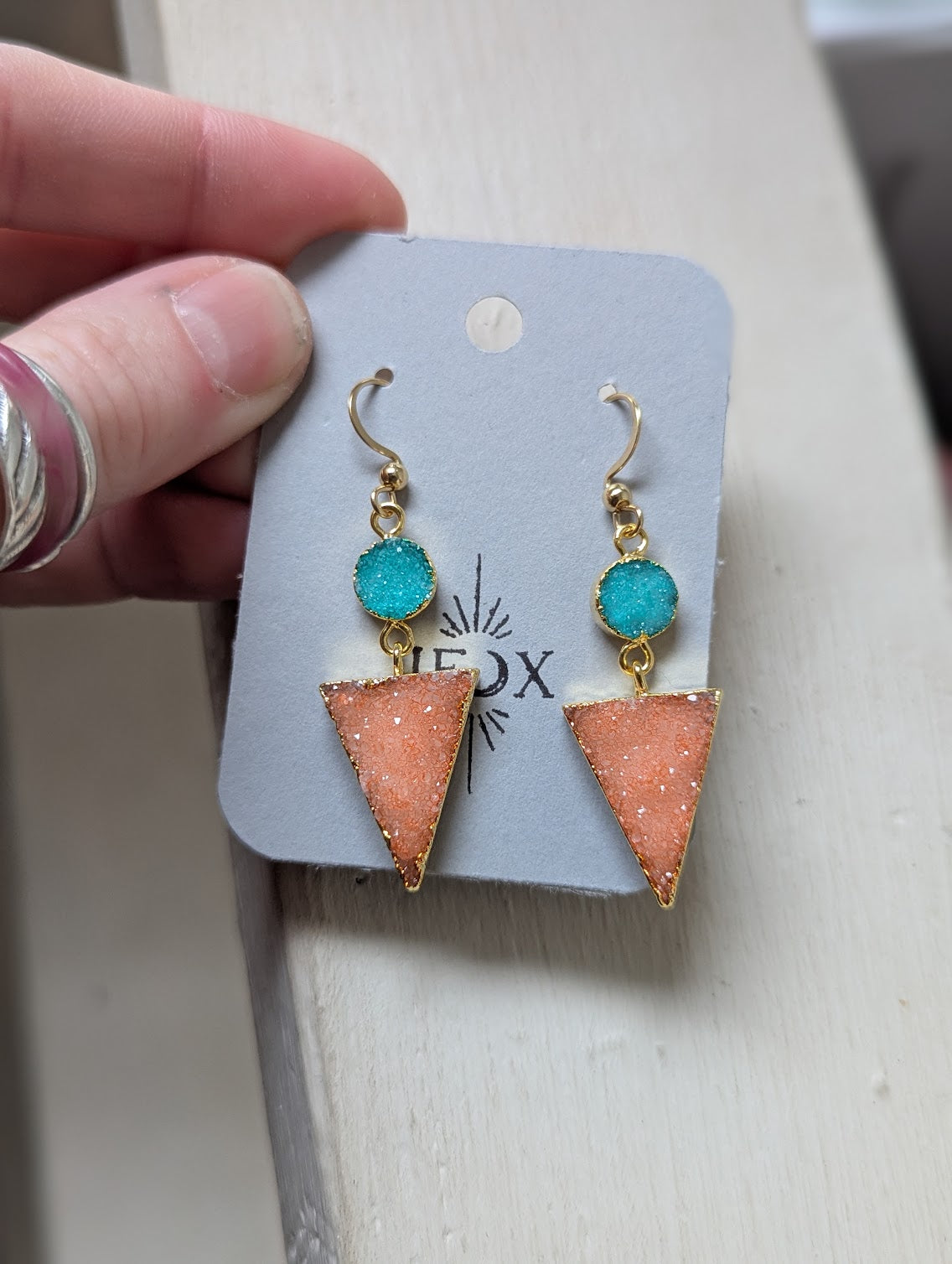 Turquoise and Orange Druzy Duo Gold Earrings