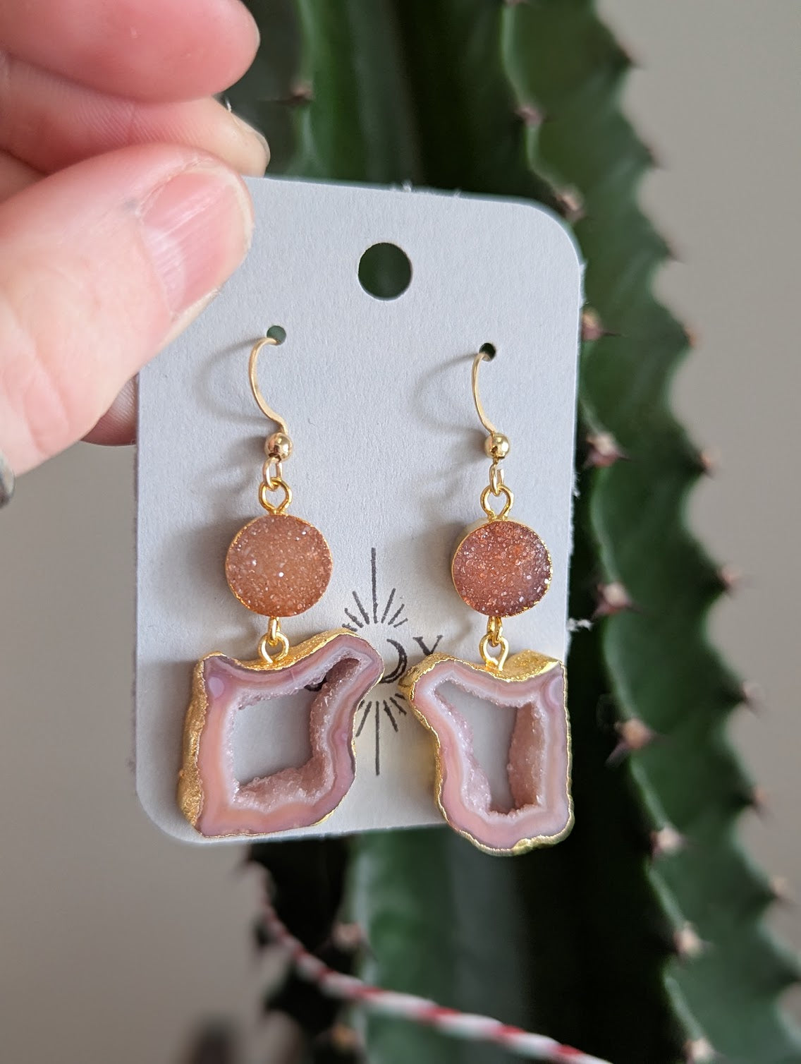 Pink Druzy and Agate Gold Earrings