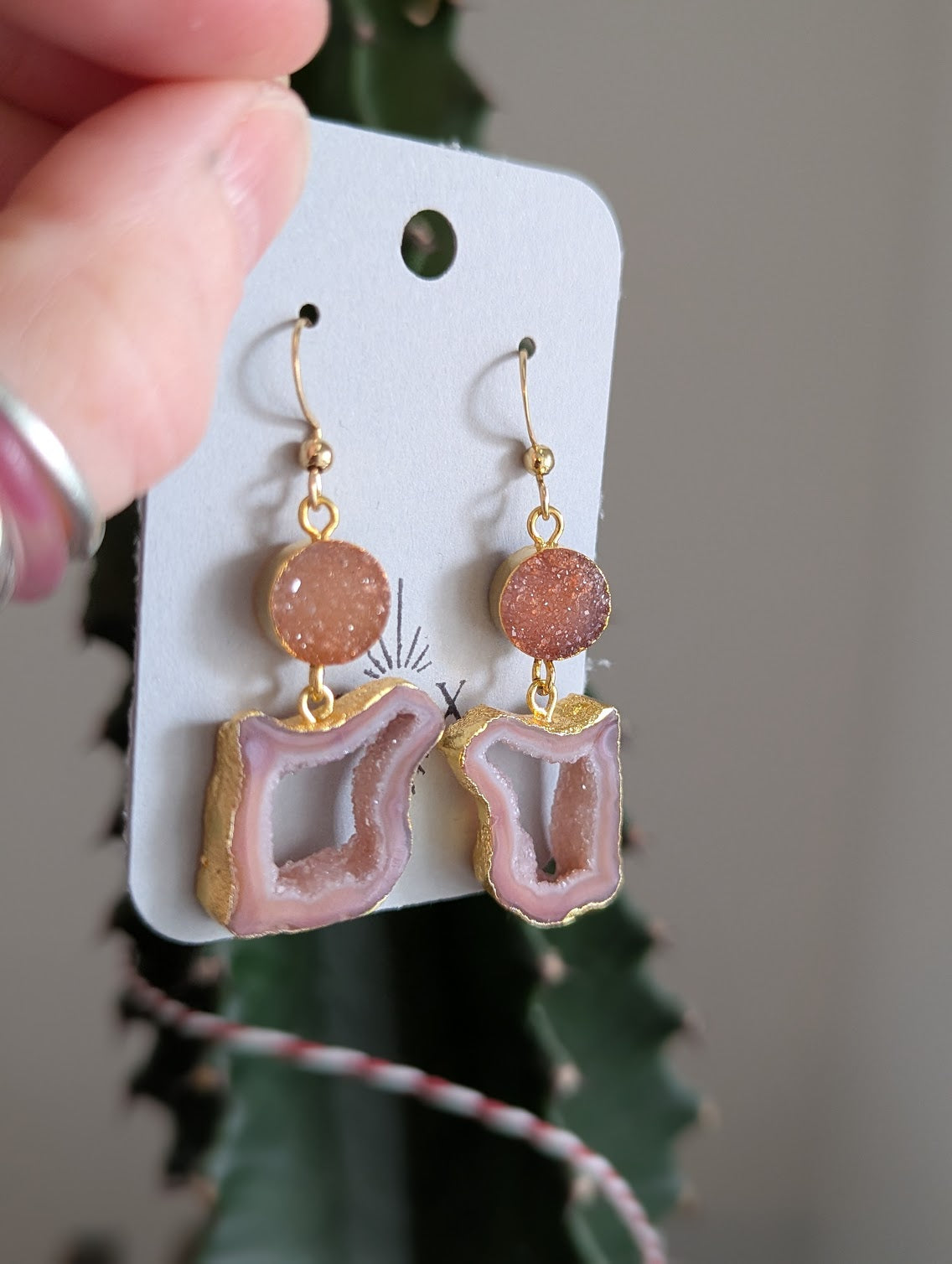 Pink Druzy and Agate Gold Earrings