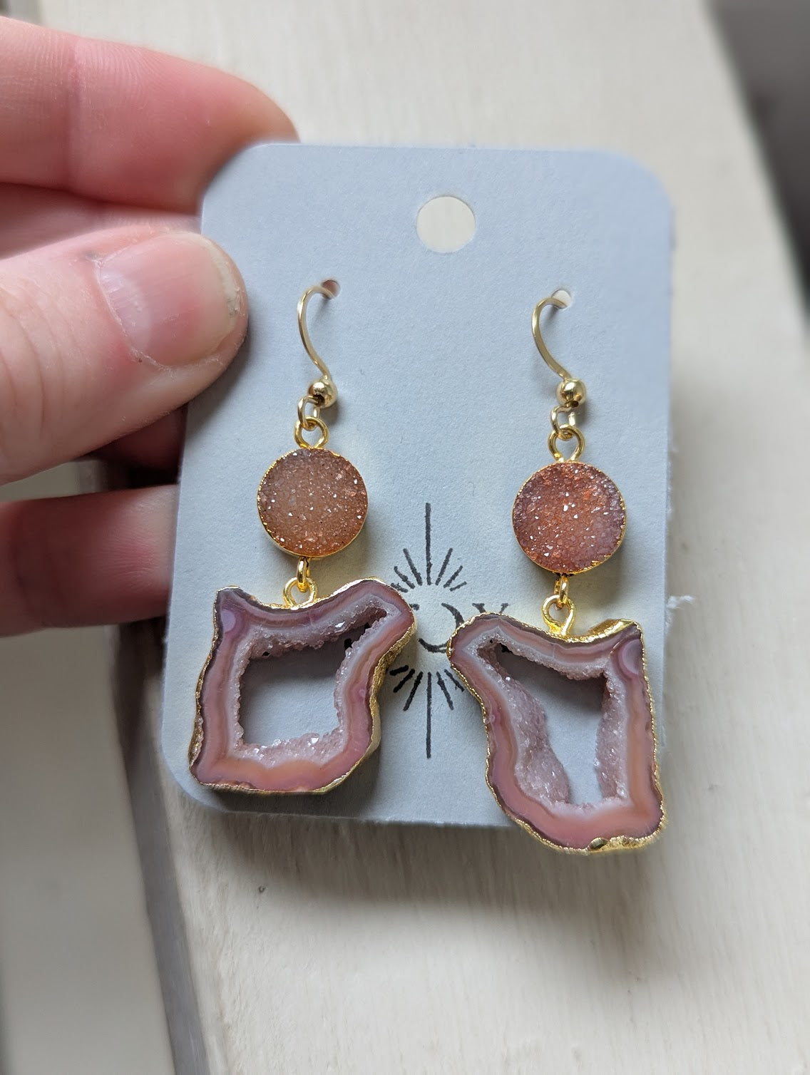 Pink Druzy and Agate Gold Earrings