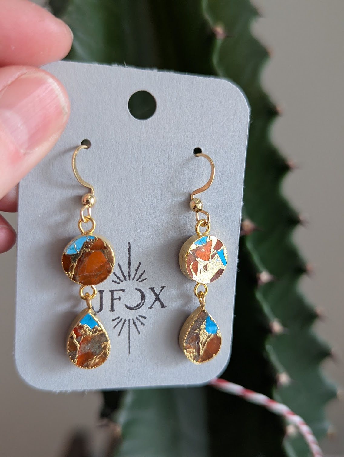 Orange and Turquoise Gold Mosaic Duo Earrings