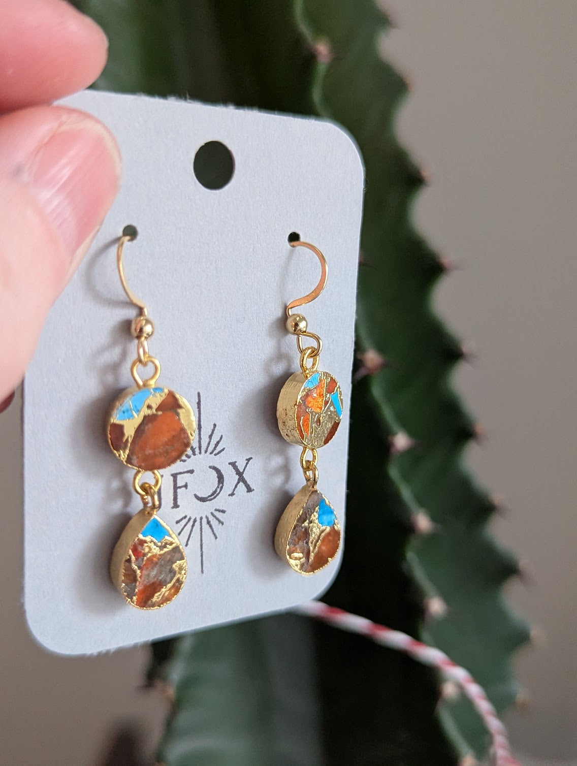Orange and Turquoise Gold Mosaic Duo Earrings