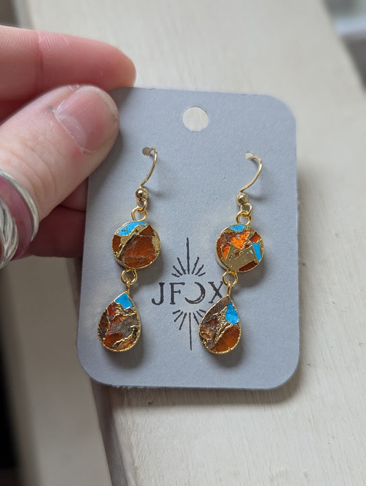 Orange and Turquoise Gold Mosaic Duo Earrings