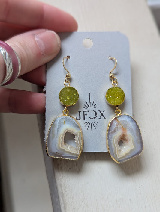 Yellow Druzy and Agate Gold Earrings