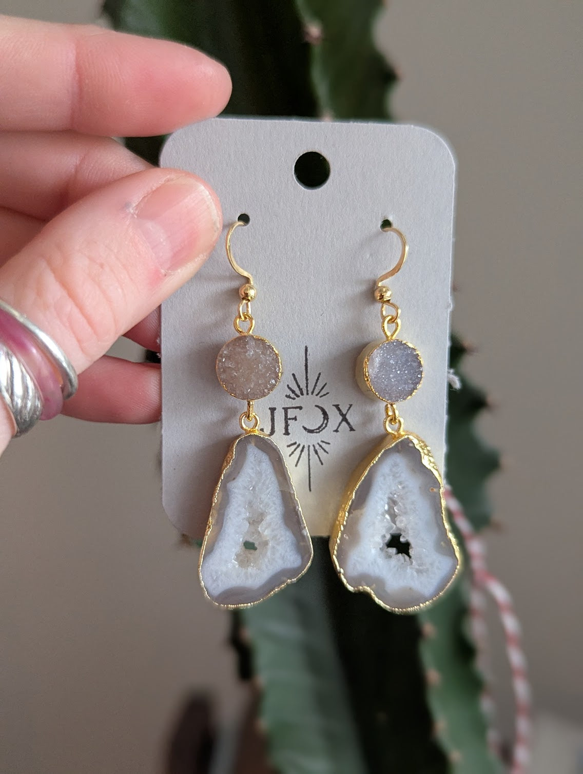 White Druzy and Agate Gold Earrings