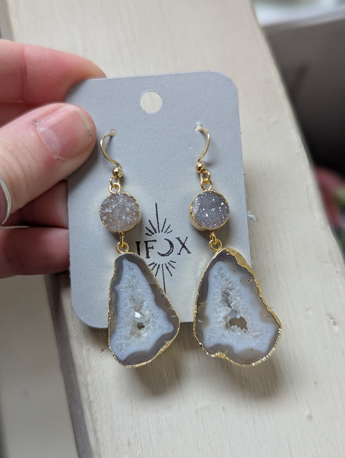 White Druzy and Agate Gold Earrings