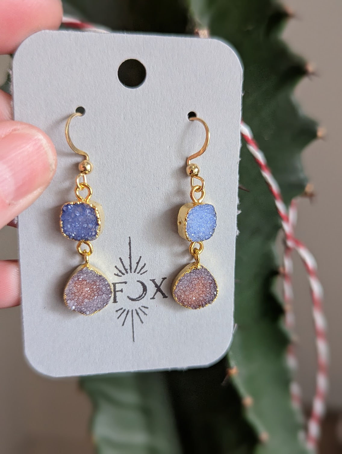 Light Purple Druzy Duo Gold Earrings