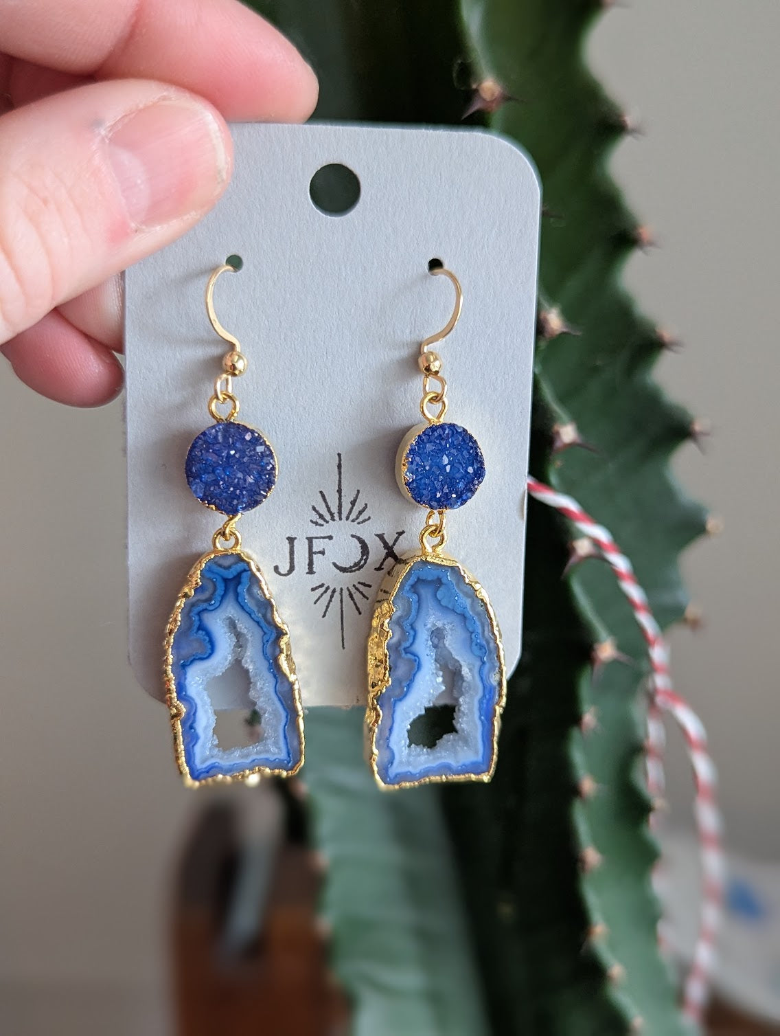 Blue Druzy and Agate Gold Earrings