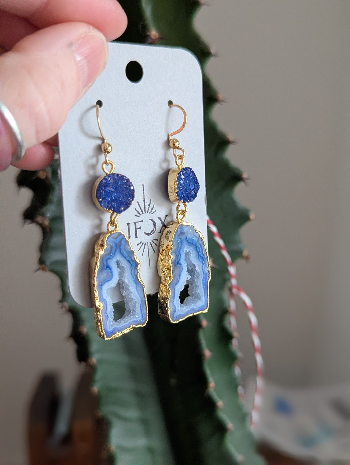 Blue Druzy and Agate Gold Earrings