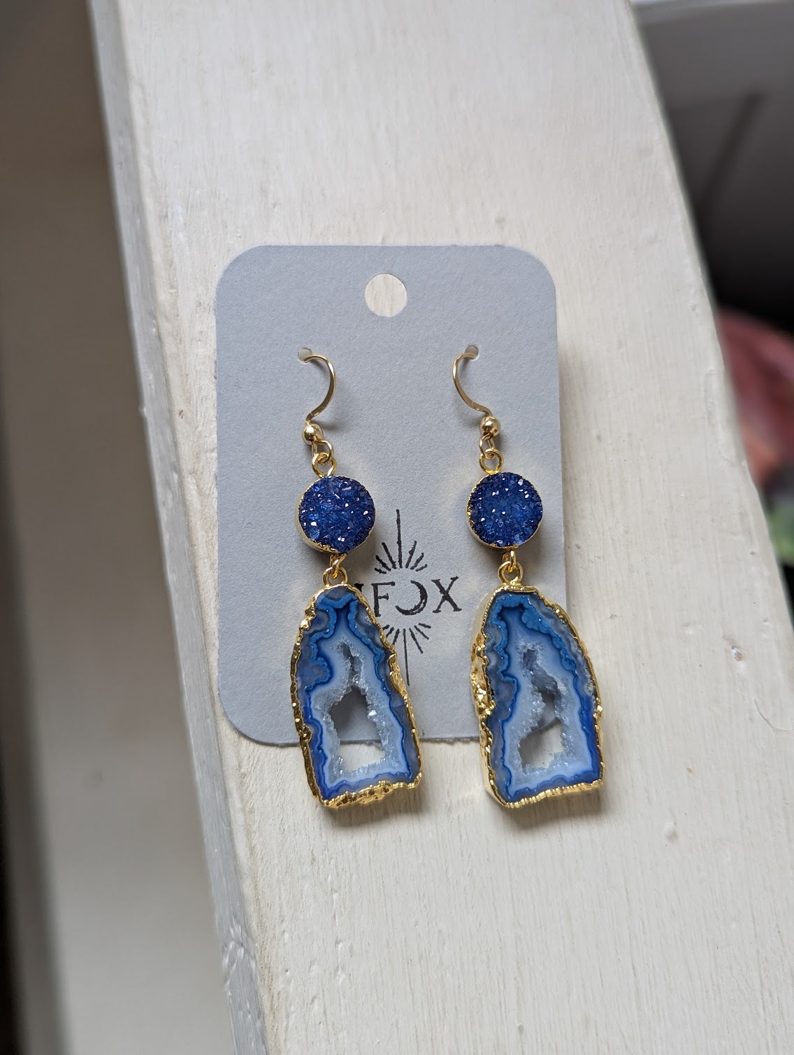 Blue Druzy and Agate Gold Earrings