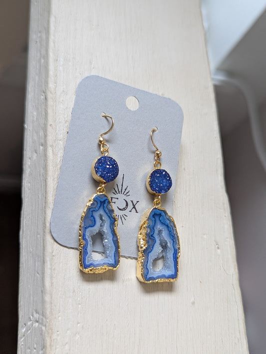 Blue Druzy and Agate Gold Earrings