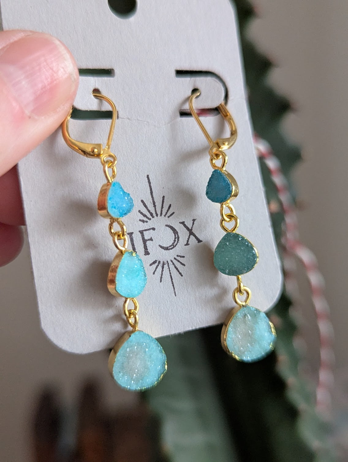 Light Blue Druzy Trio Gold Hoops