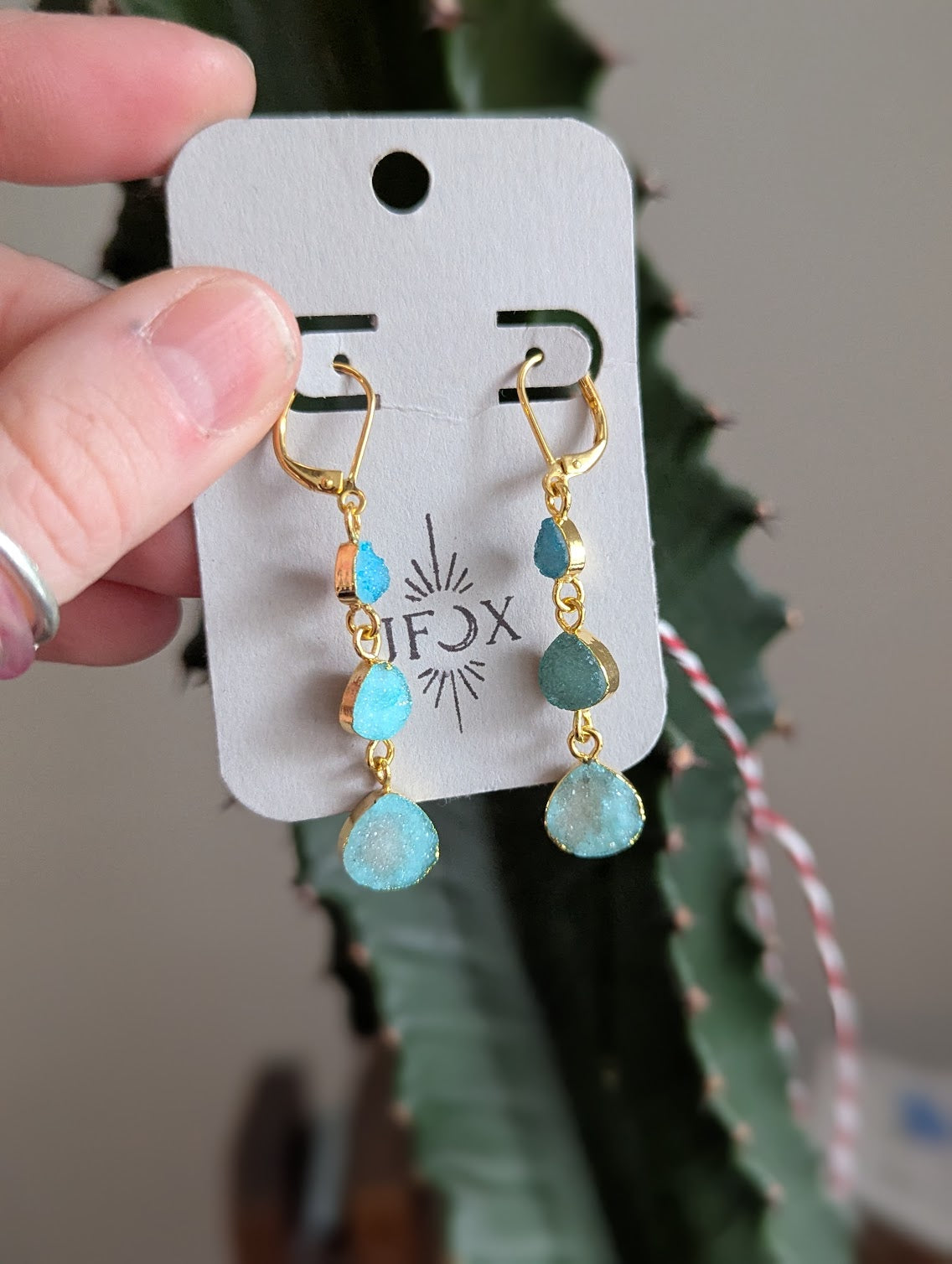 Light Blue Druzy Trio Gold Hoops
