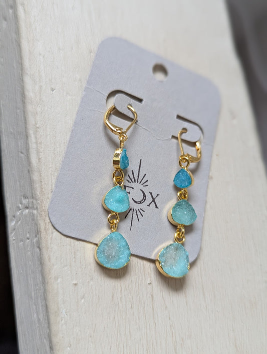 Light Blue Druzy Trio Gold Hoops