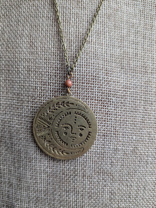 Brass Sun and Moon Red Goldstone Long Necklace