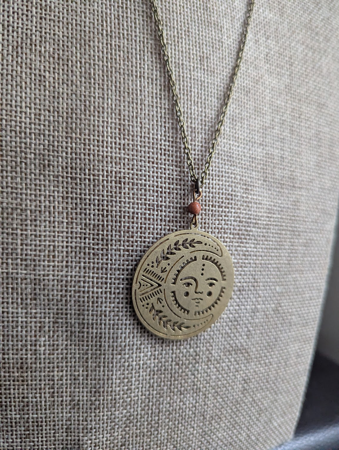 Brass Sun and Moon Red Goldstone Long Necklace