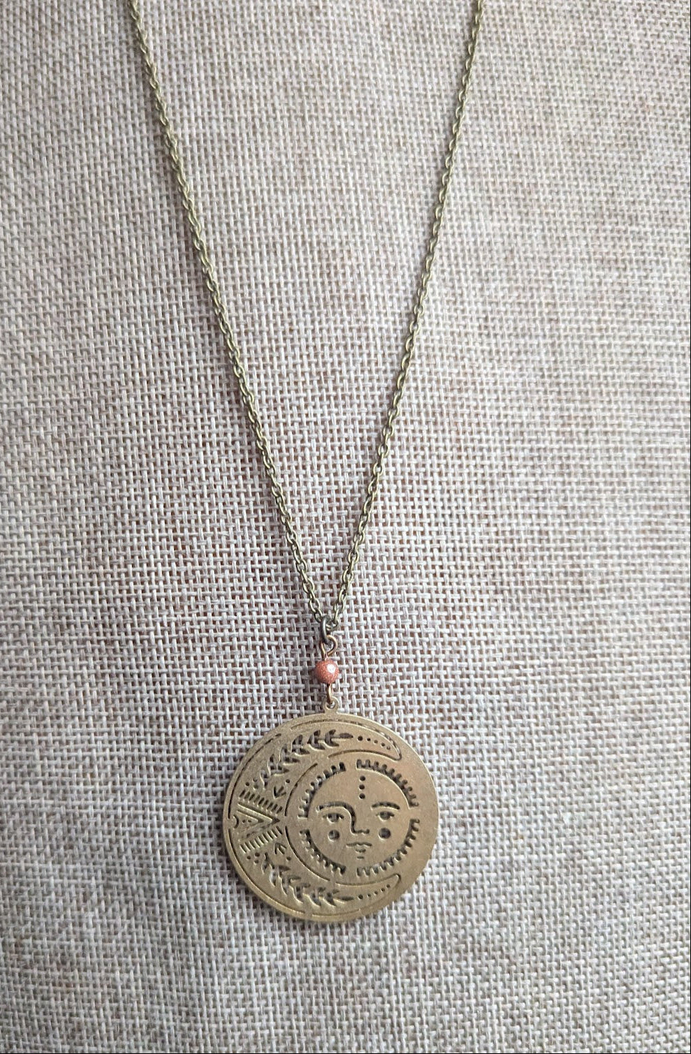 Brass Sun and Moon Red Goldstone Long Necklace