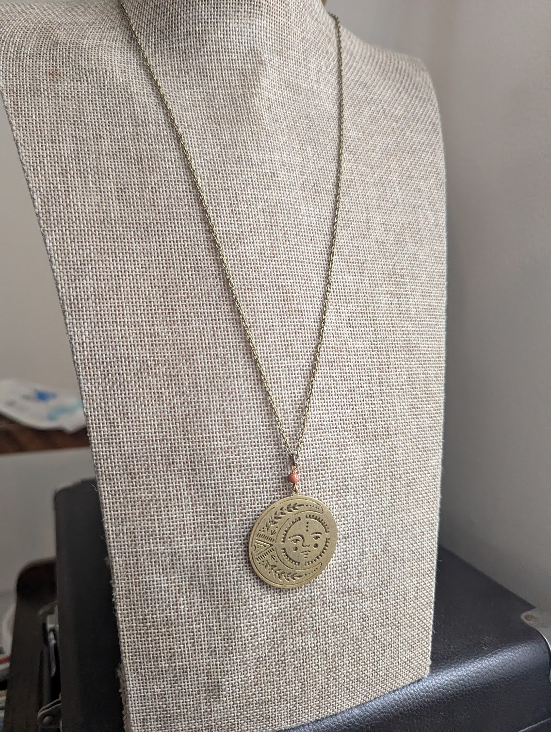 Brass Sun and Moon Red Goldstone Long Necklace