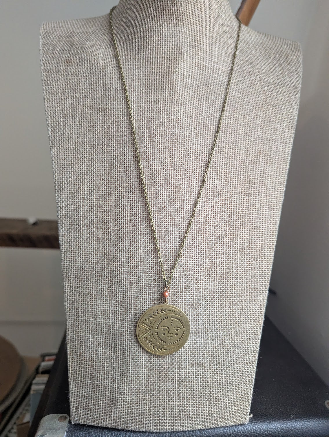 Brass Sun and Moon Red Goldstone Long Necklace