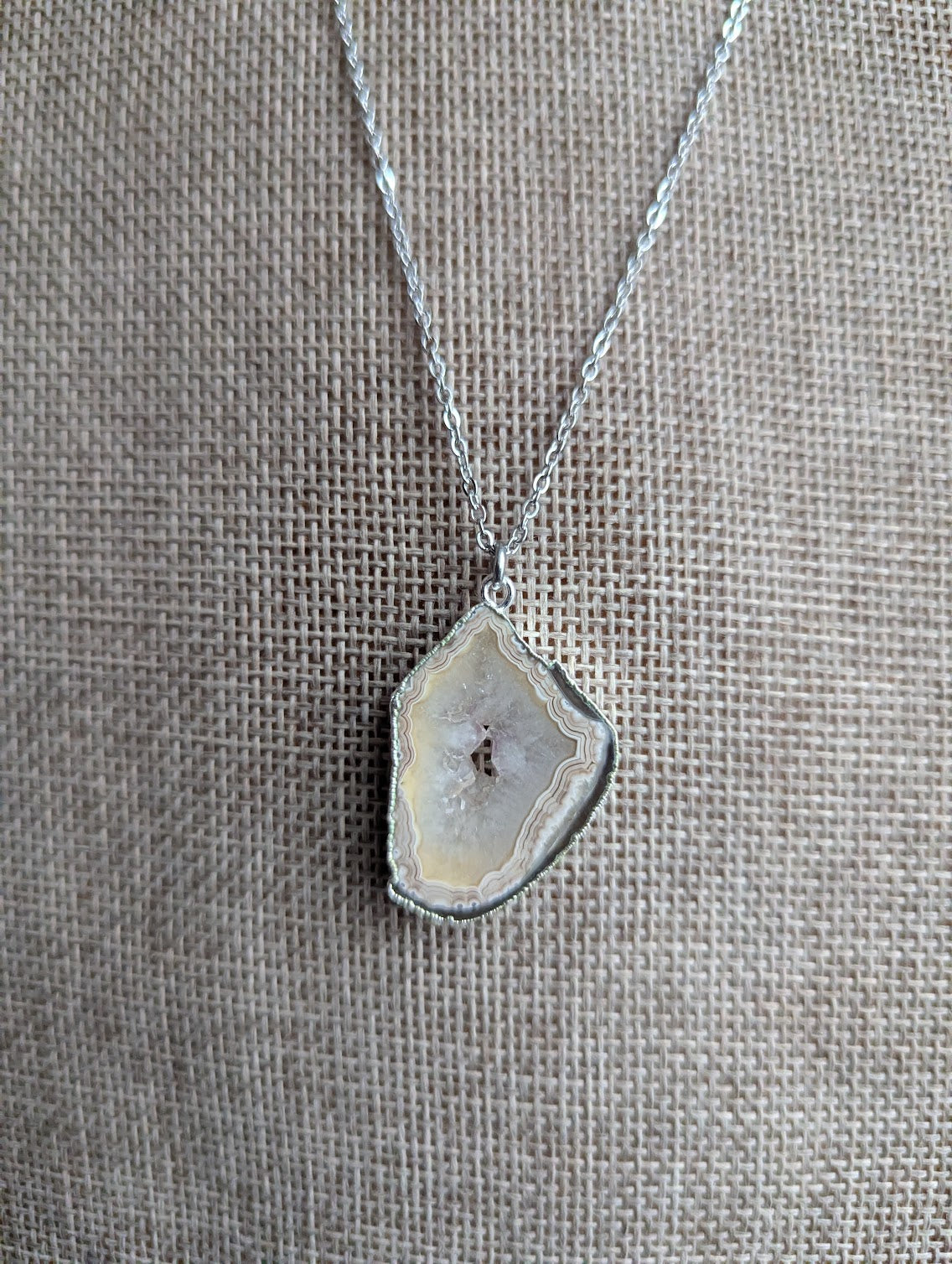 Brown and White Agate Slice Silver Necklace