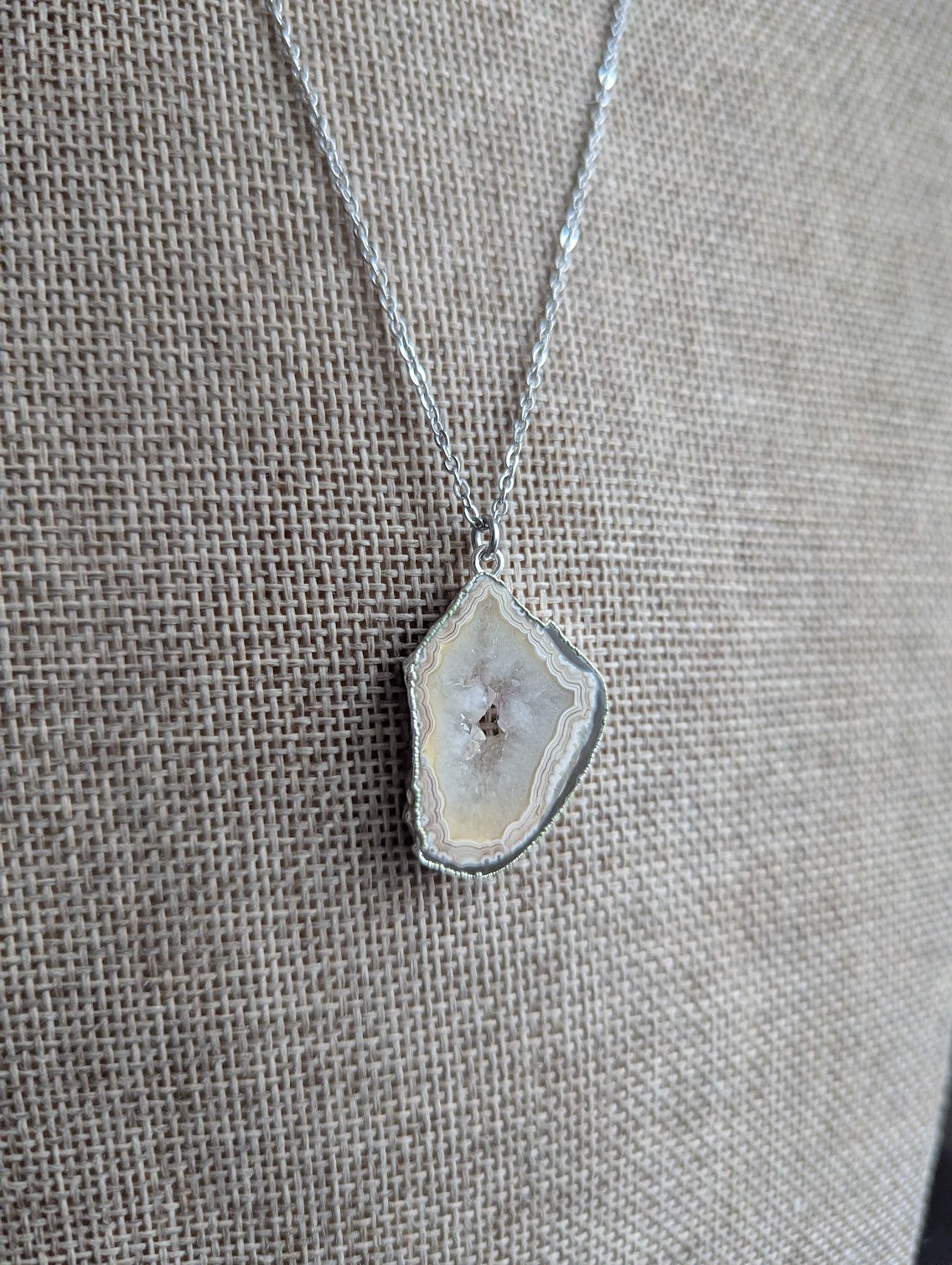 Brown and White Agate Slice Silver Necklace