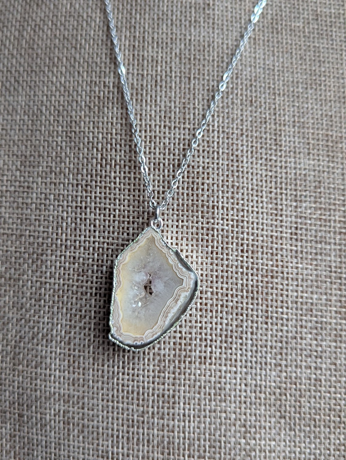 Brown and White Agate Slice Silver Necklace