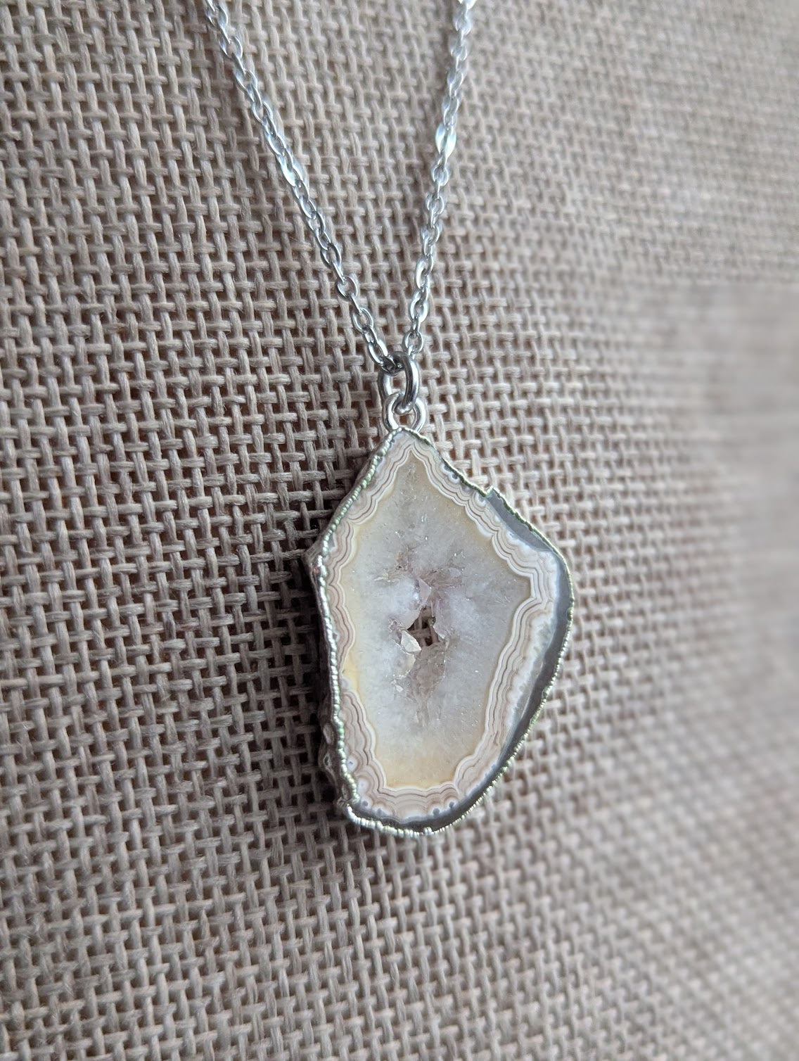 Brown and White Agate Slice Silver Necklace