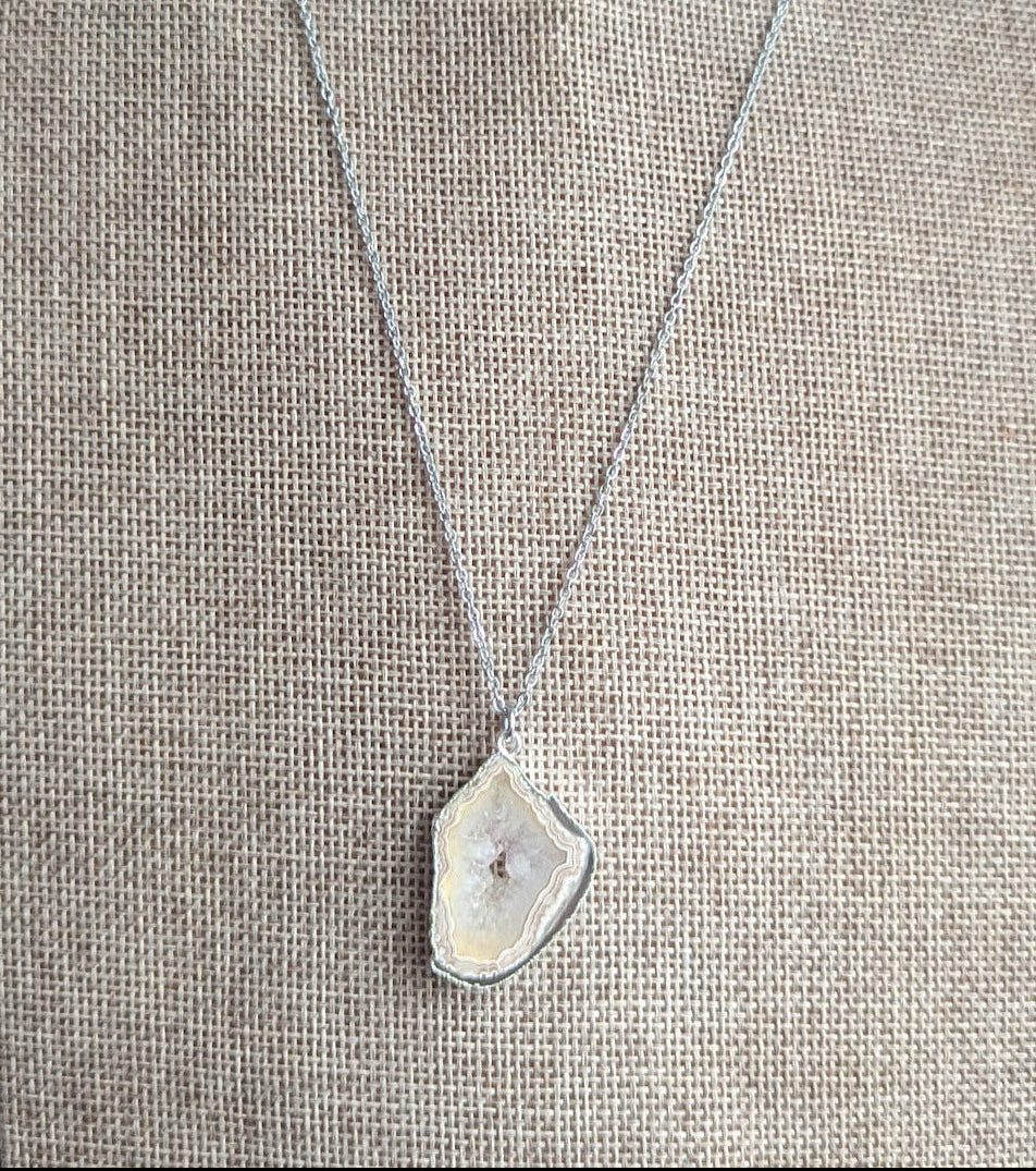 Brown and White Agate Slice Silver Necklace