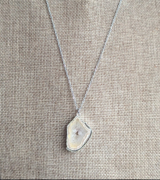 Brown and White Agate Slice Silver Necklace